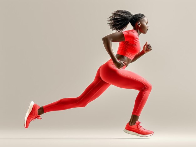 Kobieta w czerwonym topie i czerwonych leggingach biegnie