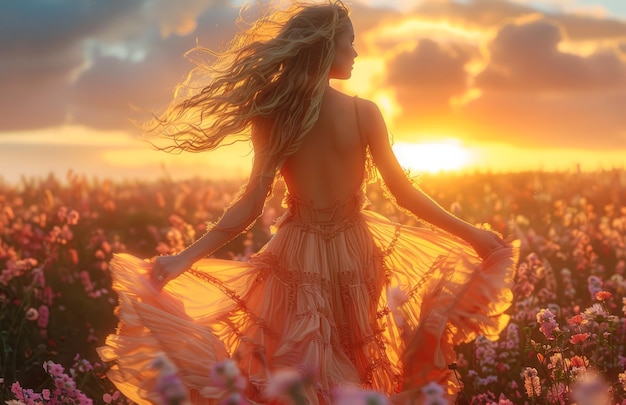 Kobieta w długiej pomarańczowej sukience stoi na polu kwiatów, słońce zachodzi w tle.