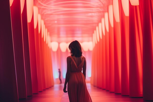 kobieta w długiej sukni przechodzi przez tunel czerwonego światła