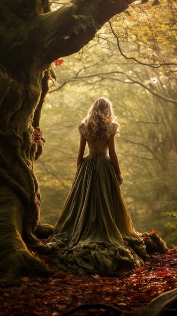 kobieta w długiej sukni stoi w środku lasu