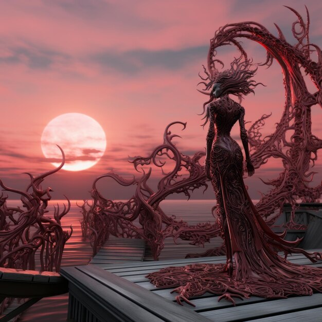 kobieta w długiej sukni stojąca na nabrzeżu o zachodzie słońca