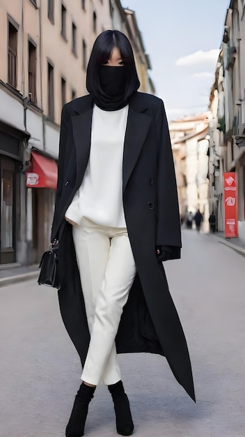 Zdjęcie kobieta w długim czarnym płaszczu idzie ulicą.