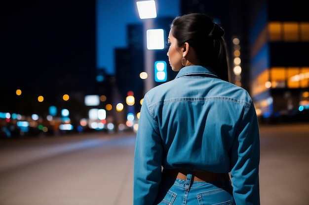Kobieta w dżinsowej kurtce idzie nocą ulicą.