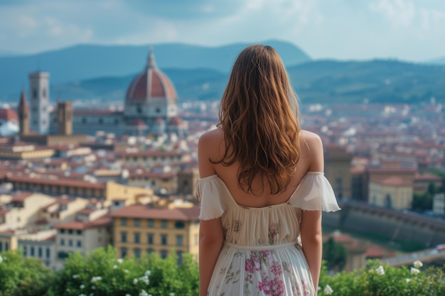 Kobieta w eleganckiej sukience patrząca na atrakcje turystyczne