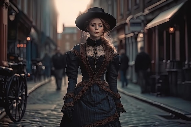 Kobieta w eleganckiej wiktoriańskiej sukience i kapeluszu spacerująca ulicami Londynu wygenerowana przez sztuczną inteligencję