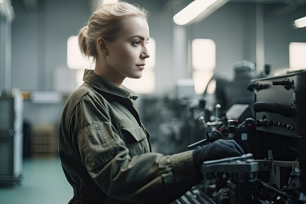 Kobieta w fabryce patrząca na maszynę z słowami "pracuje nad nią".