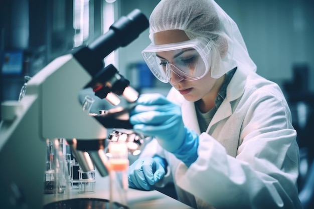 Kobieta w fartuchu laboratoryjnym patrząca przez mikroskop