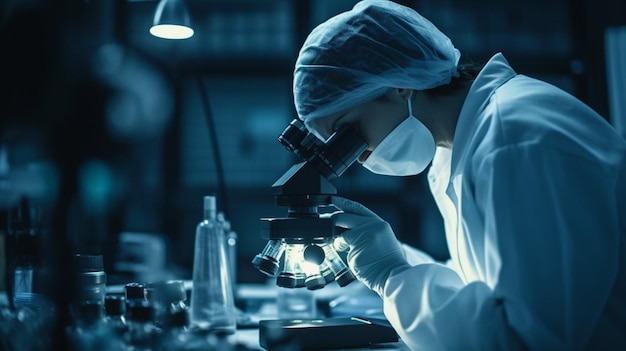 Kobieta w fartuchu laboratoryjnym patrzy przez mikroskop.