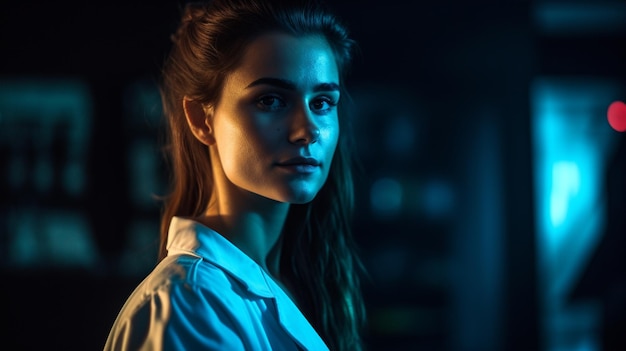 Kobieta w fartuchu laboratoryjnym stoi przed niebieskim światłem.