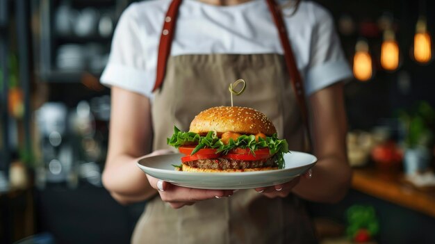 Zdjęcie kobieta w fartuchu prezentująca pyszne danie portret gastronomicznego jedzenia