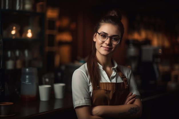 Kobieta w fartuchu stoi przed ladą z ekspresem do kawy.