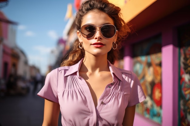 Zdjęcie kobieta w fioletowej koszuli i okularach przeciwsłonecznych