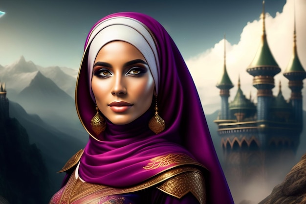 Kobieta w fioletowym hidżabie na tle góry