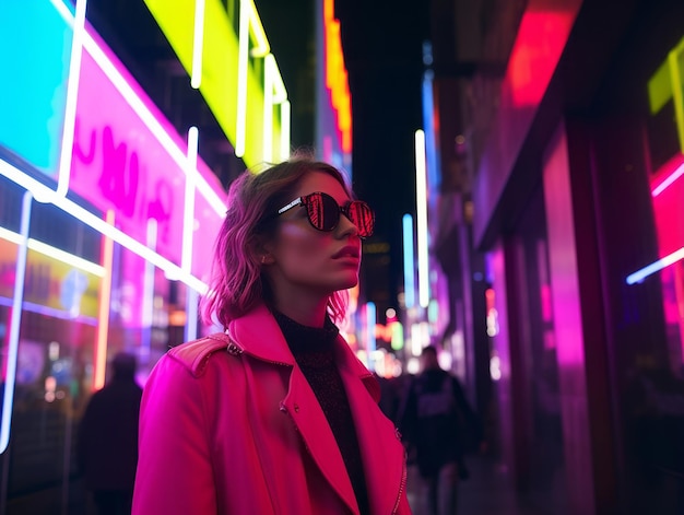 kobieta w futurystycznych ubraniach lubi spokojny spacer po neonowych ulicach miasta