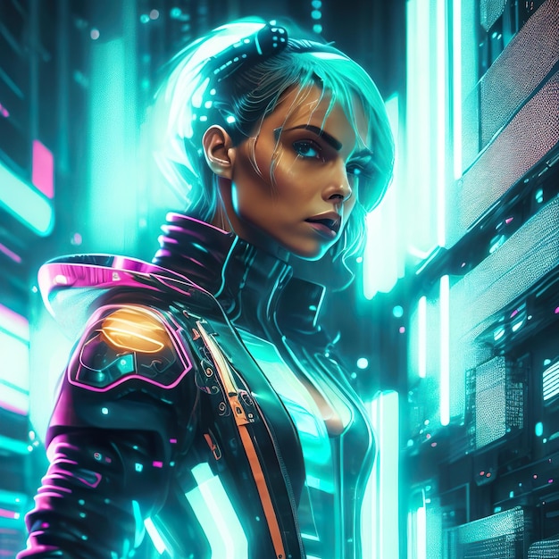 Kobieta w futurystycznym cyberpunkowym mieście z neonowymi światłami w tle Generative AI