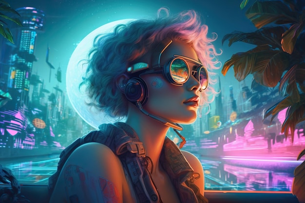 Kobieta w futurystycznym garniturze i okularach stoi przed neonowym miastem.