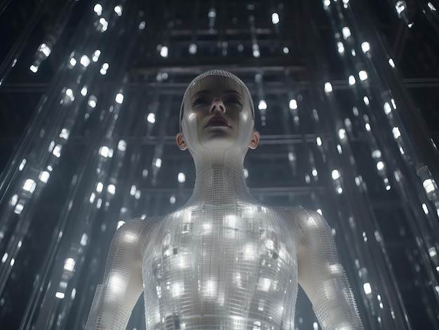 Kobieta w futurystycznym garniturze stoi przed mnóstwem świateł.