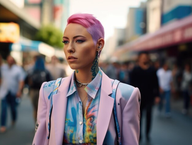 Kobieta w futurystycznym garniturze z sztuczną inteligencją o różowych włosach