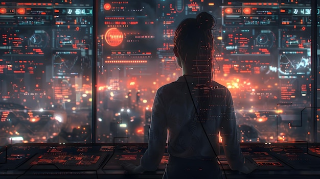 Kobieta w futurystycznym mieście w nocy Spokojnie w środku metropolii