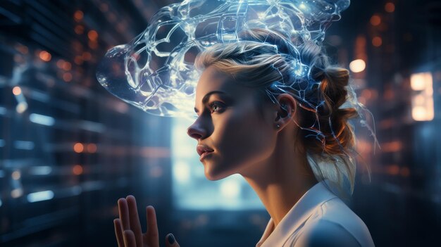 Zdjęcie kobieta w futurystycznym mieście z błyszczącym mózgiem