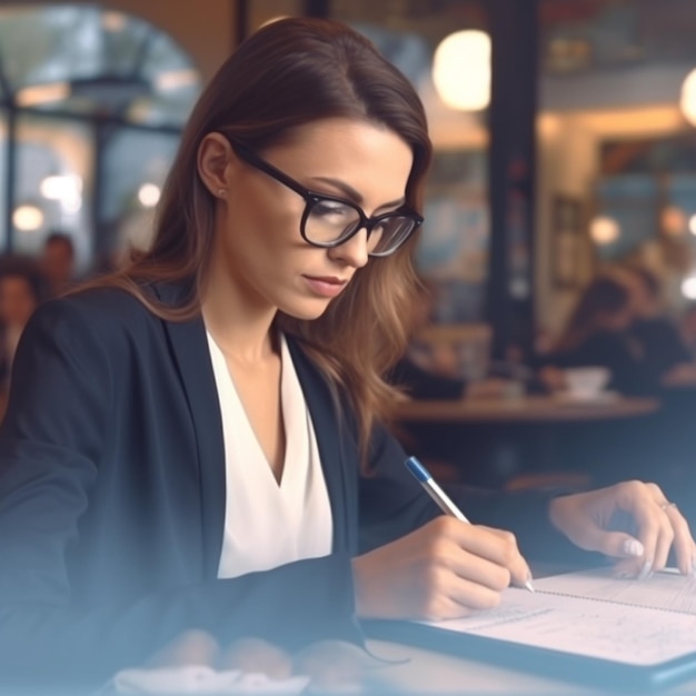 Kobieta w garniturze siedzi przy stole z długopisem i długopisem w dłoni.