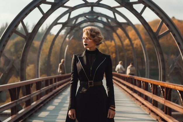 Zdjęcie kobieta w garniturze stoi na moście.