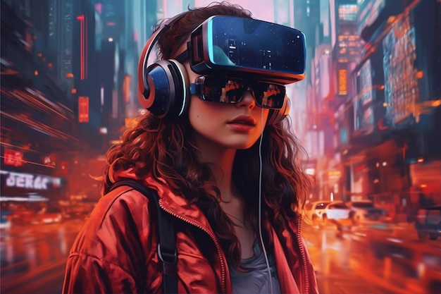 Kobieta w goglach VR przed pejzażem miejskim