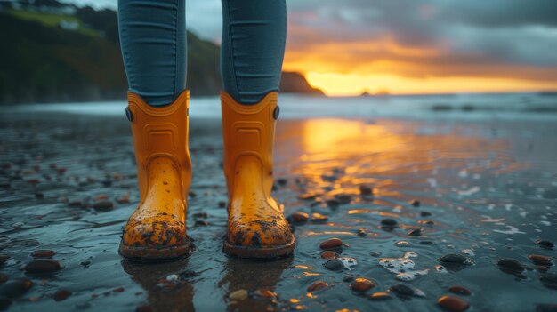 Kobieta w gumowych butach na plaży przy zachodzie słońca 3d rendering Generative AI