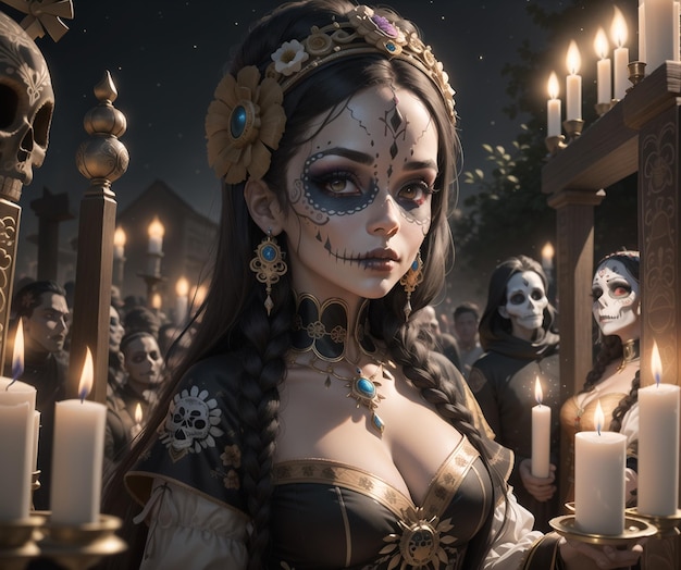 Kobieta w halloweenowym kostiumie ze świecami przed nią.
