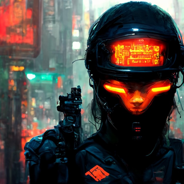 Kobieta w hełmie z napisem cyberpunk