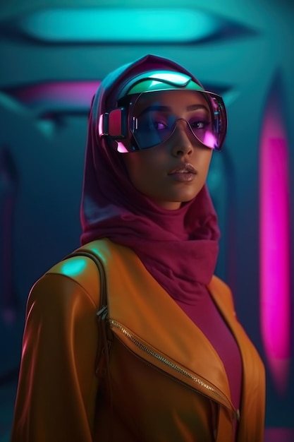 Zdjęcie kobieta w hidżabie i okularach wirtualnej rzeczywistości vr generative ai image