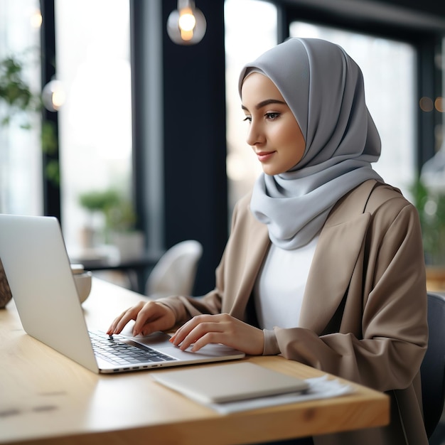 Kobieta w hidżabie pracuje przy laptopie w kawiarni Praca online praca zdalna