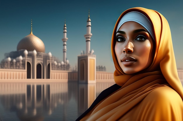 Kobieta w hidżabie stoi przed meczetem.