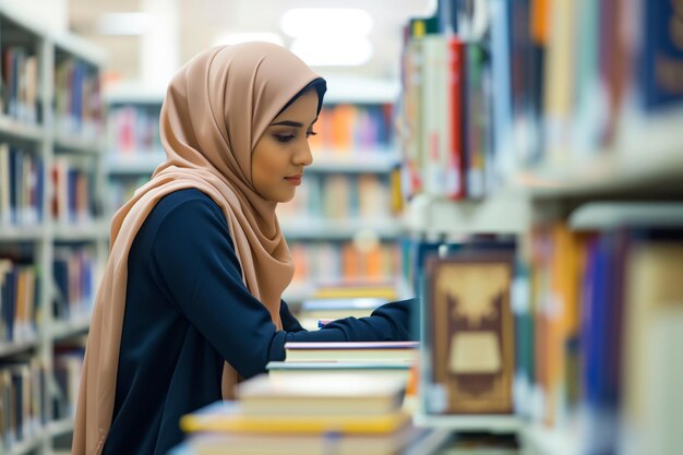 Kobieta w hidżabie studiująca w bibliotece otoczona książkami