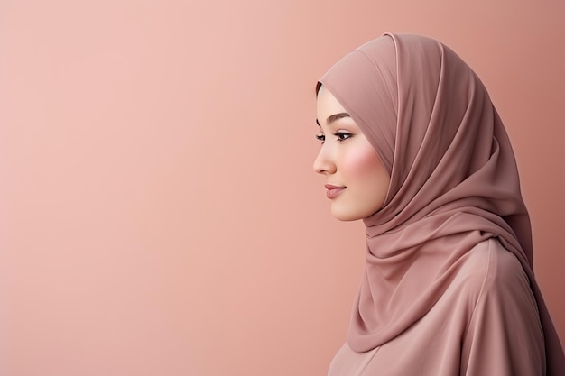 Kobieta w hidżabie z pustą przestrzenią izolowana na różowym tle