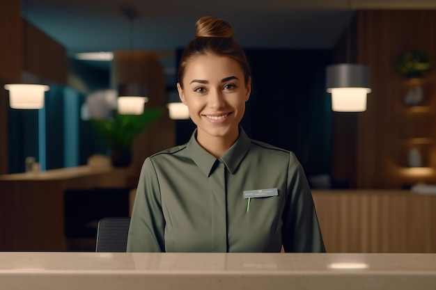 Zdjęcie kobieta w hotelowym uniformie uśmiecha się do kamery.