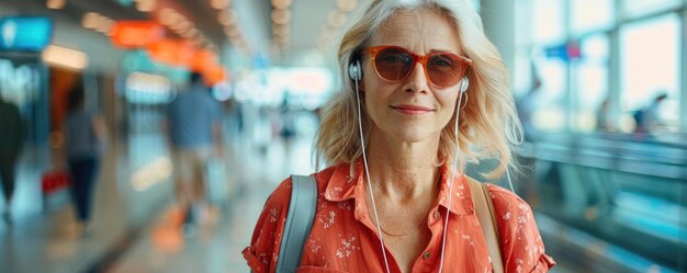 Kobieta w jasnych wygodnych letnich ubraniach i słuchawkach na lotnisku używająca smartfonu generowanego przez AI