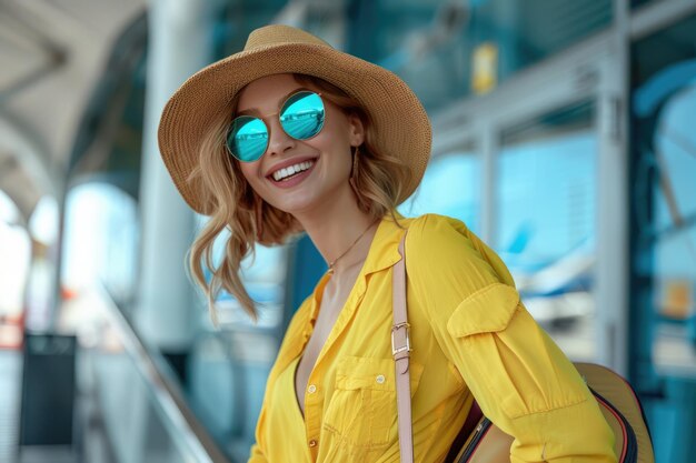 Kobieta w jasnych wygodnych letnich ubraniach i słuchawkach na lotnisku używająca smartfonu generowanego przez AI