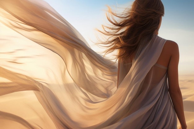 Zdjęcie kobieta w jedwabnej sukience ewoluowała na piasku na wietrze.