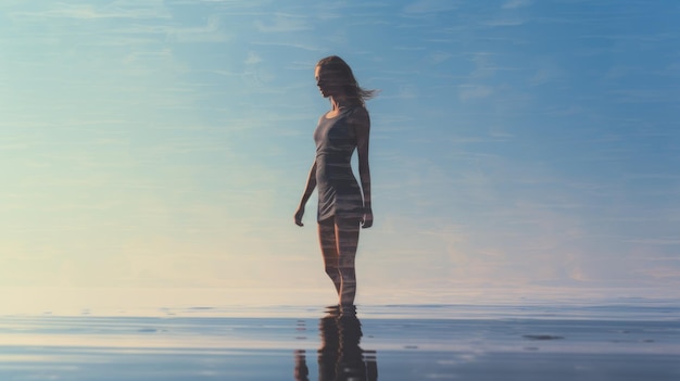 Kobieta w jodze, pełna podświetlana poza ciała w zapierającym dech w piersiach obrazie Ocean Generative AI weber
