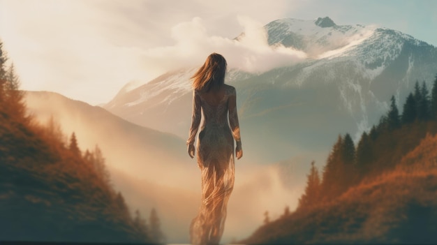 Kobieta w jodze, pełna podświetlana poza w zapierającym dech w piersiach obrazie Alpine Generative AI weber