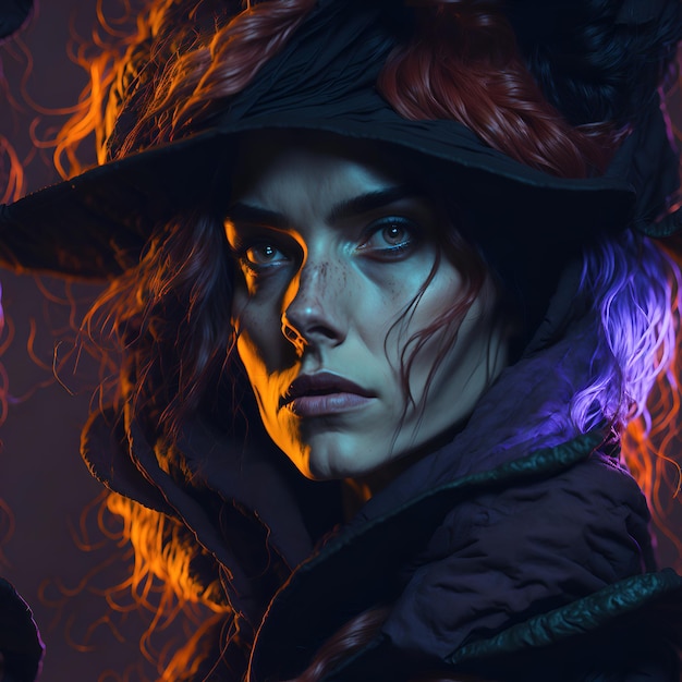 Kobieta w kapeluszu i kapeluszu z napisem „czarownica”