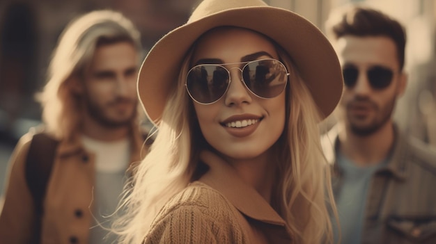 Kobieta w kapeluszu i okularach przeciwsłonecznych uśmiecha się do kamery.