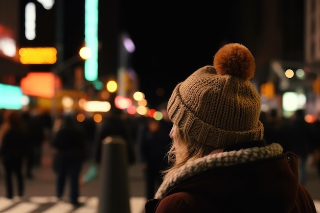 Kobieta w kapeluszu i płaszczu na ulicy miasta