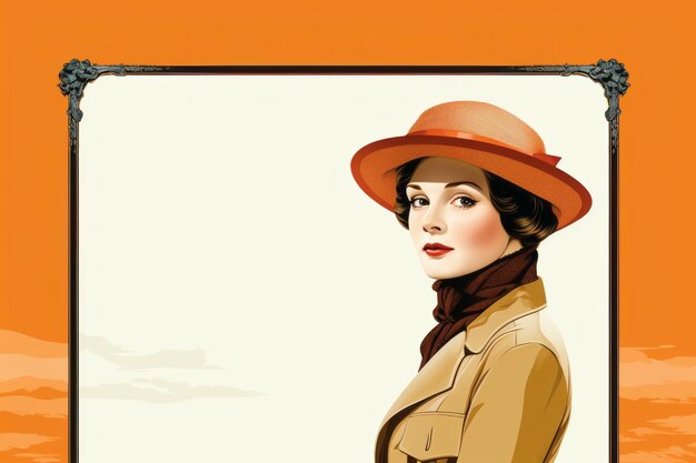 kobieta w kapeluszu i płaszczu stoi przed pomarańczowym tłem