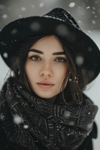 Kobieta w kapeluszu i płaszczu w śniegu