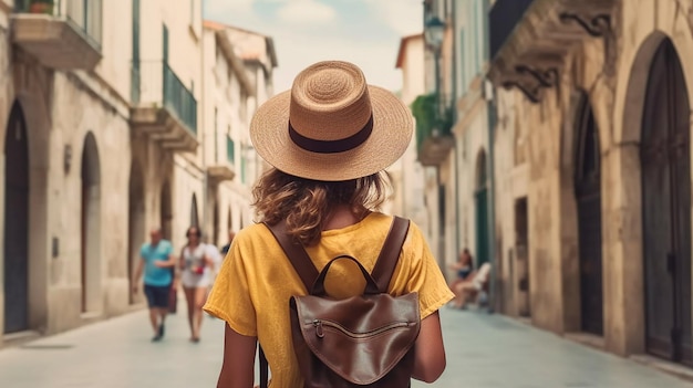 Kobieta w kapeluszu idzie ulicą we Włoszech.