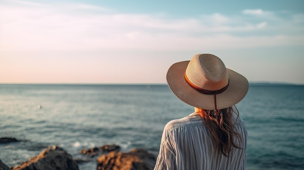 Kobieta w kapeluszu patrzy na ocean