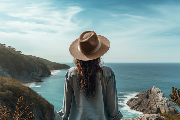 Kobieta w kapeluszu stoi na klifie z widokiem na niebieski ocean.