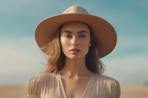 Kobieta w kapeluszu stoi na pustyni, a za nią błękitne niebo.